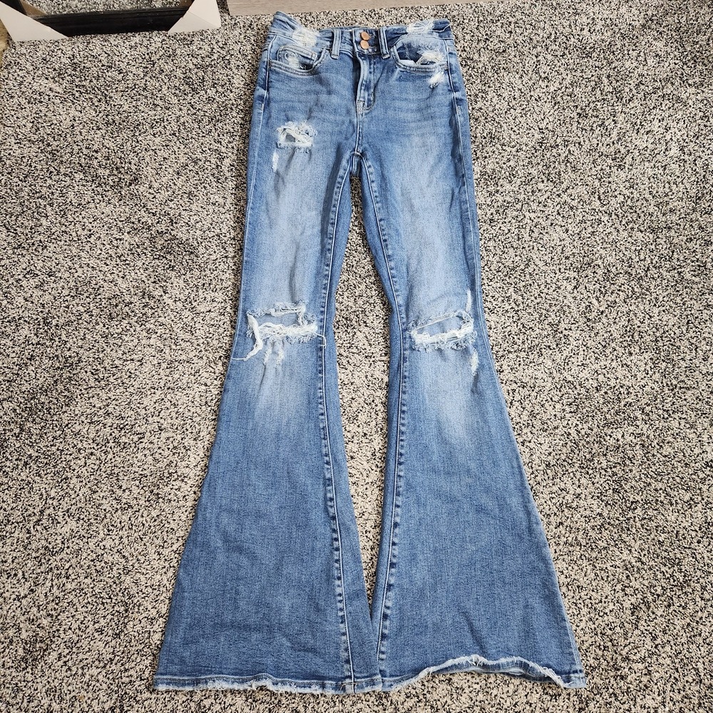 Flying Monkey Hi Rise Super Flare Destressed Stretch Jeans Size 26 Rodeo County - Picture 2 of 7